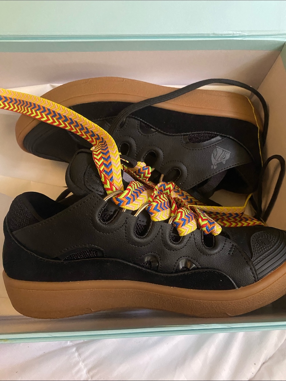 Lanvin Black Leather & Suede Sneakers with Multicolor Rope Laces